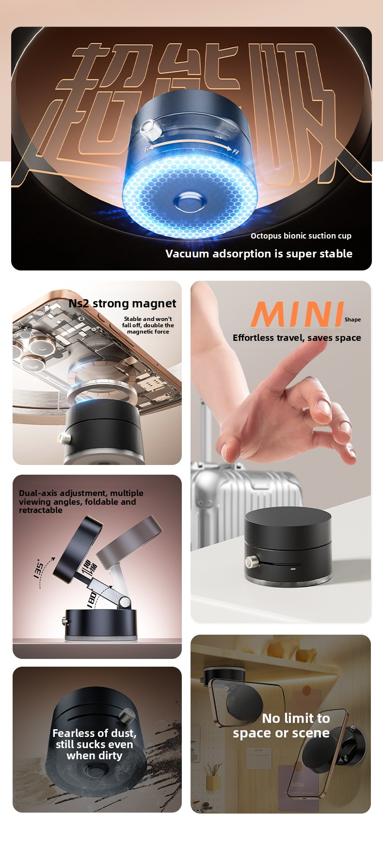 Multifunctional vacuum suction cup foldable and retractable phone hold